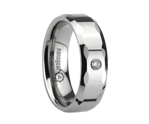 Flat tungsten carbide ring with faces and cubic zirconia stone "LIGORIS"