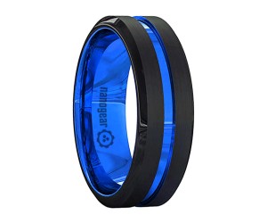 Black and blue brushed tungsten carbide ring with groove in the middle "CYMANORE"