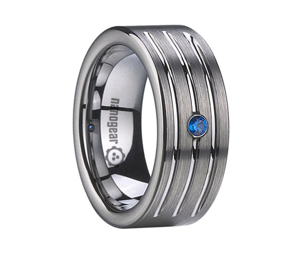 Brushed tungsten carbide ring with grooves and cubic zirconia stone